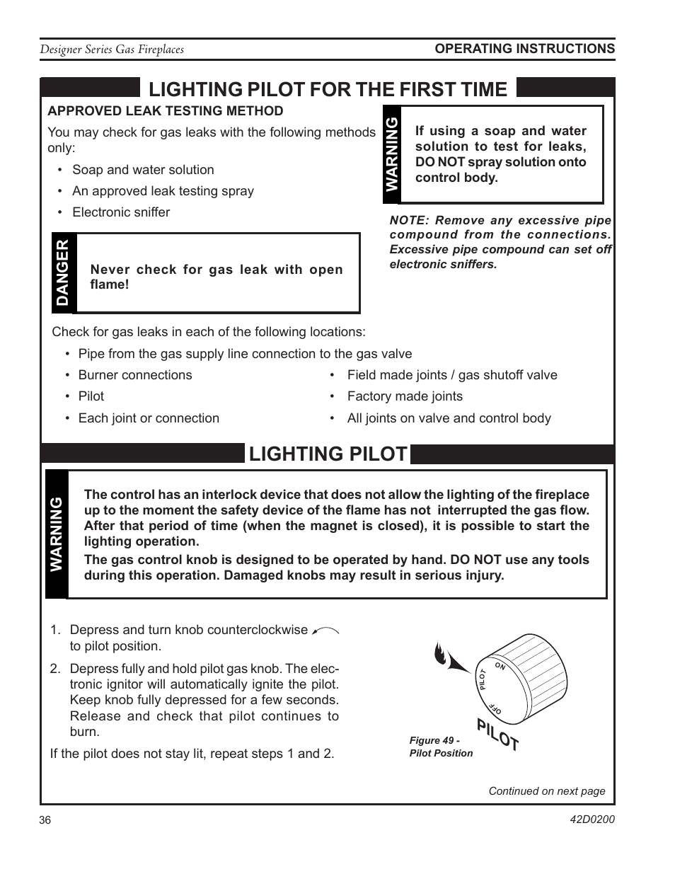 Lighting pilot, Lighting pilot for the first time, Pilot | Wa rning, Da nger | Monessen Hearth 624DV(ST User Manual | Page 36 / 52