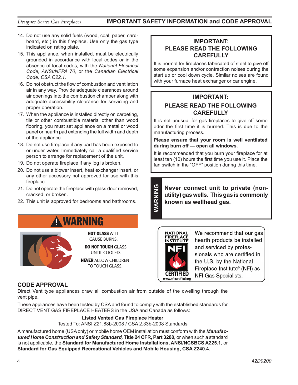 Warning | Monessen Hearth 624DV(ST User Manual | Page 4 / 52