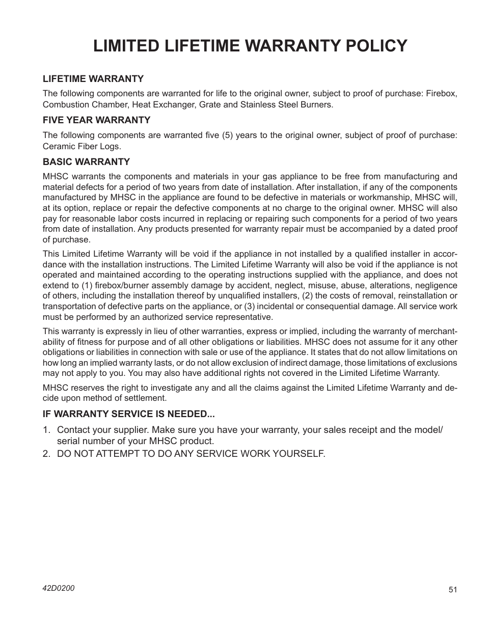 Limited lifetime warranty policy | Monessen Hearth 624DV(ST User Manual | Page 51 / 52