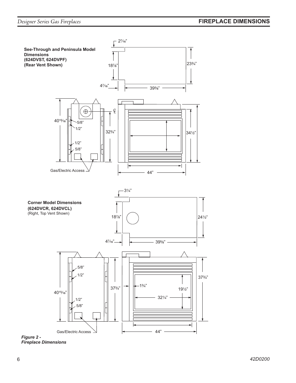 Designer series gas fireplaces, Fireplace dimensions | Monessen Hearth 624DV(ST User Manual | Page 6 / 52