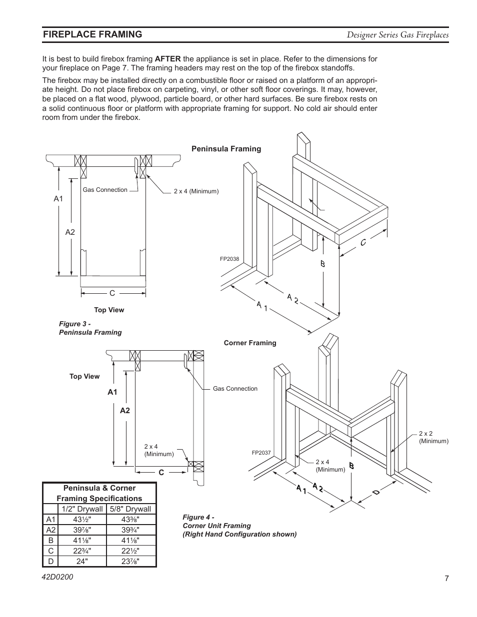 Designer series gas fireplaces, Fireplace framing | Monessen Hearth 624DV(ST User Manual | Page 7 / 52