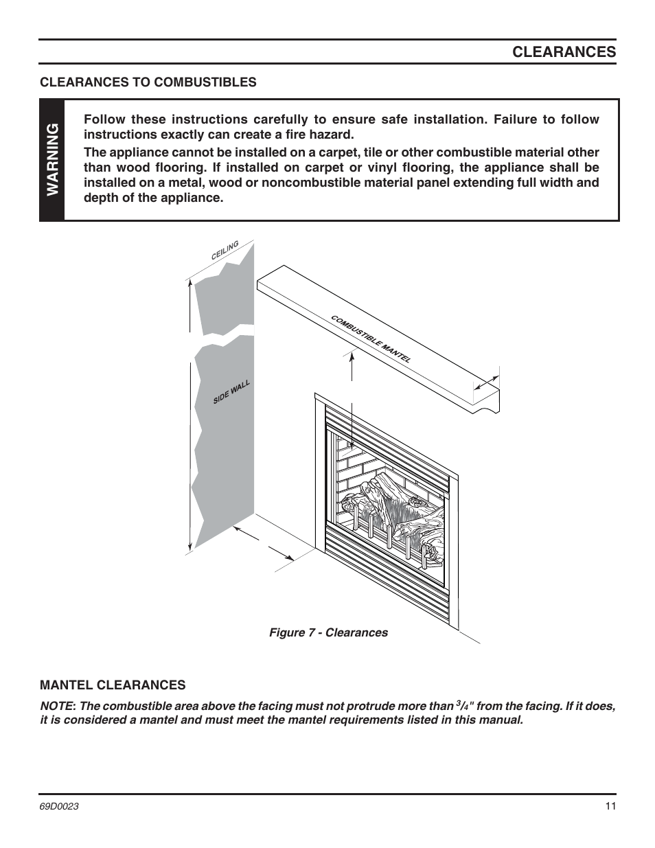 Clearances, Warning, Clearances to combustibles mantel clearances | Monessen Hearth Direct Vent Gas Fireplace CDVR36 User Manual | Page 11 / 52