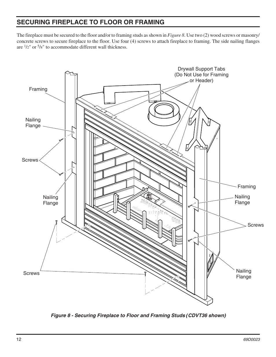 Securing fireplace to floor or framing | Monessen Hearth Direct Vent Gas Fireplace CDVR36 User Manual | Page 12 / 52