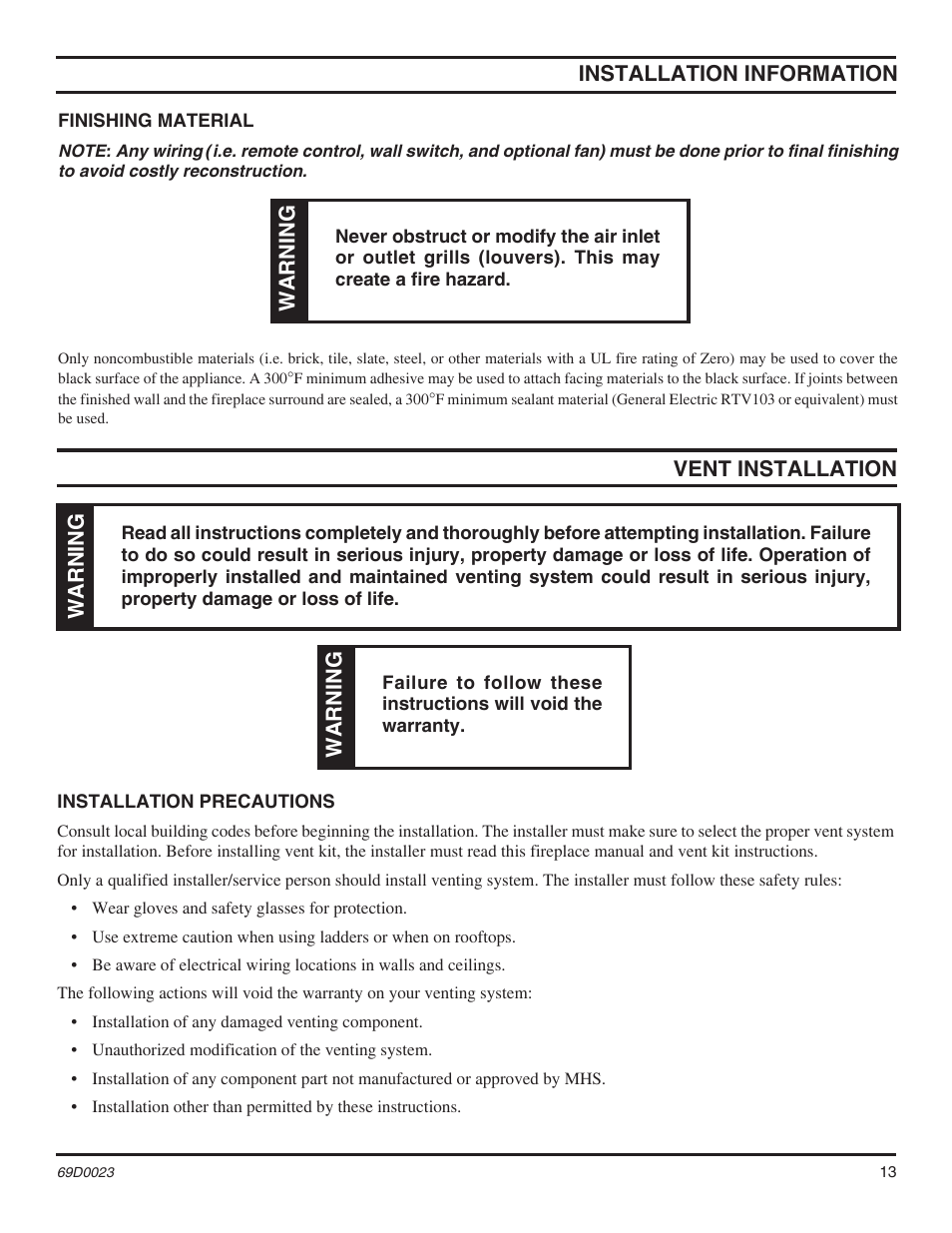 Installation information, Vent installation warning, Warning | Monessen Hearth Direct Vent Gas Fireplace CDVR36 User Manual | Page 13 / 52