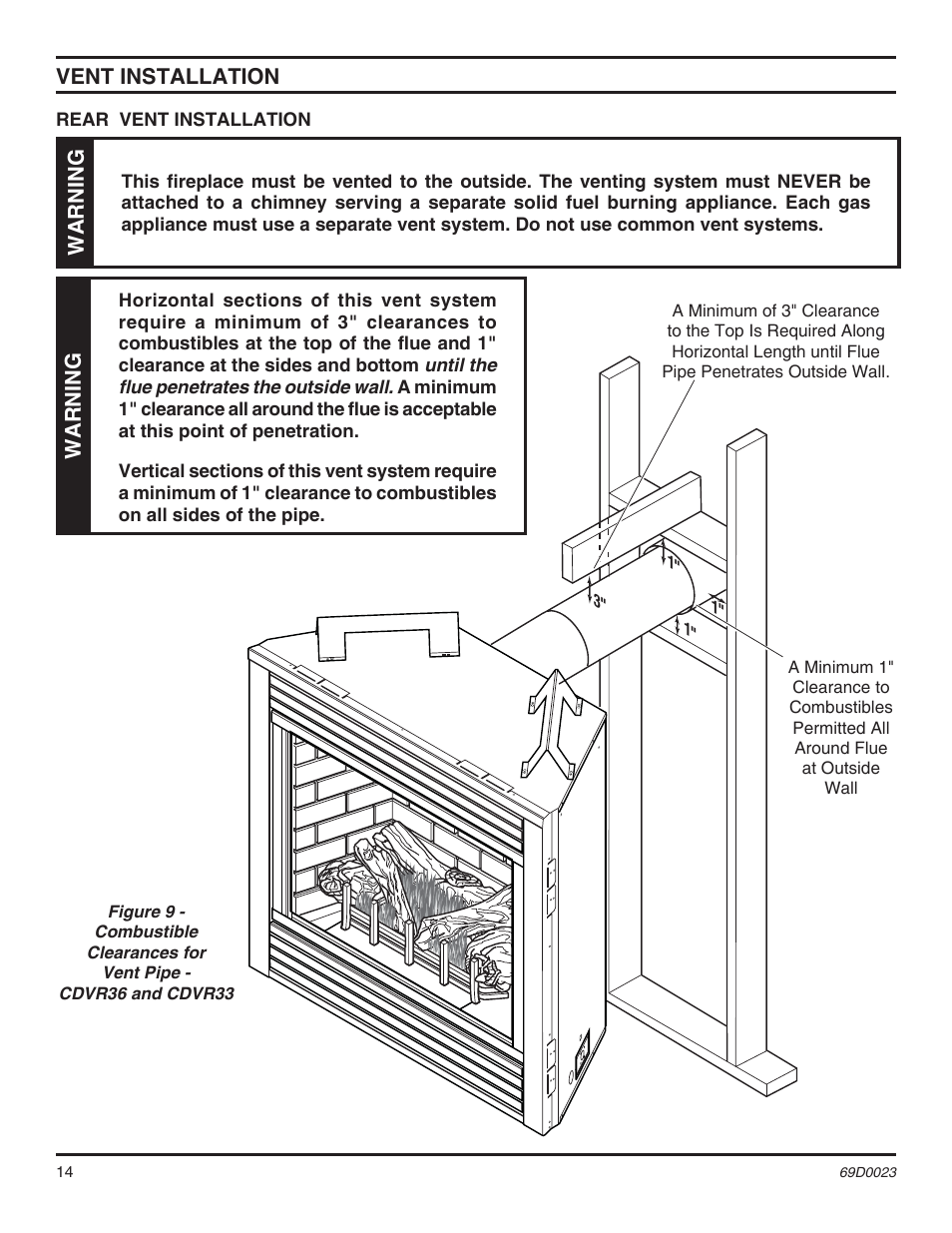 Vent installation, Warning | Monessen Hearth Direct Vent Gas Fireplace CDVR36 User Manual | Page 14 / 52