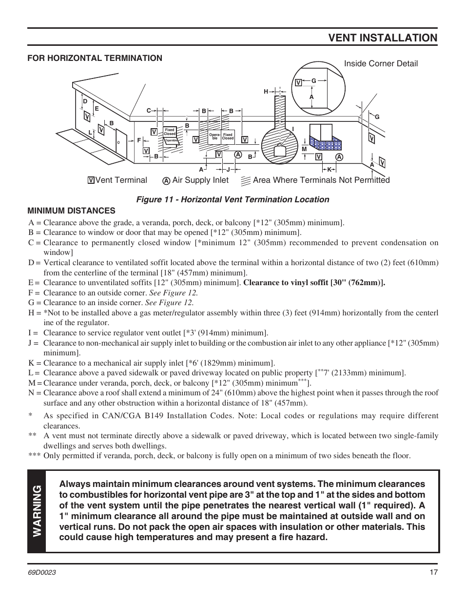 Vent installation, Warning | Monessen Hearth Direct Vent Gas Fireplace CDVR36 User Manual | Page 17 / 52