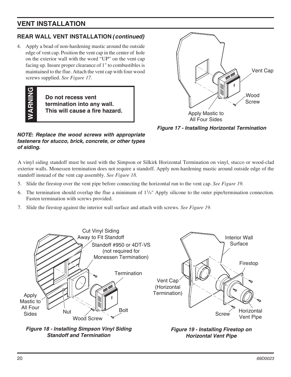 Vent installation, Warning | Monessen Hearth Direct Vent Gas Fireplace CDVR36 User Manual | Page 20 / 52