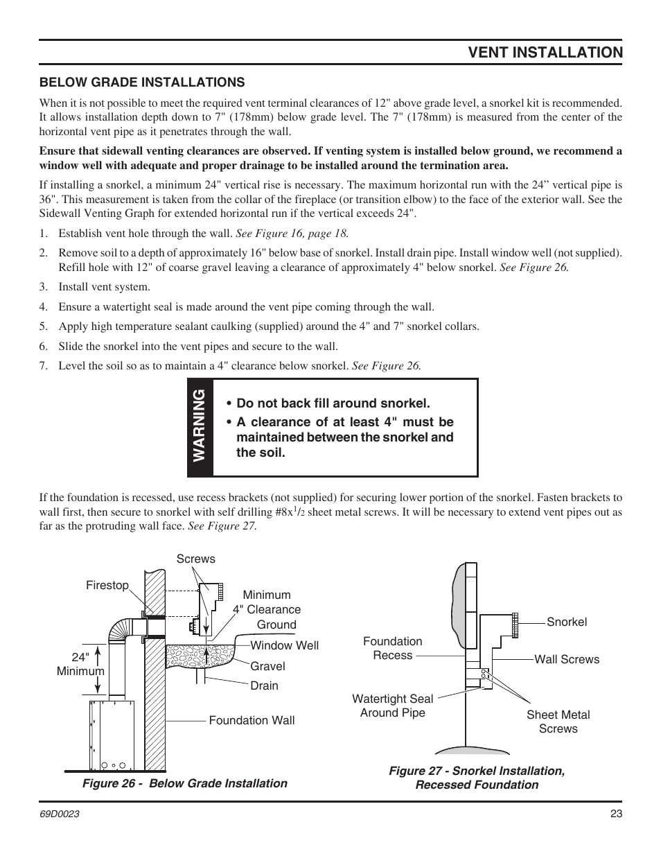 Vent installation, Warning | Monessen Hearth Direct Vent Gas Fireplace CDVR36 User Manual | Page 23 / 52