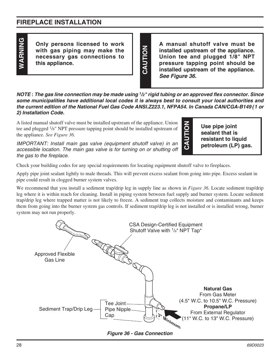 Fireplace installation, Warning, Caution | Monessen Hearth Direct Vent Gas Fireplace CDVR36 User Manual | Page 28 / 52