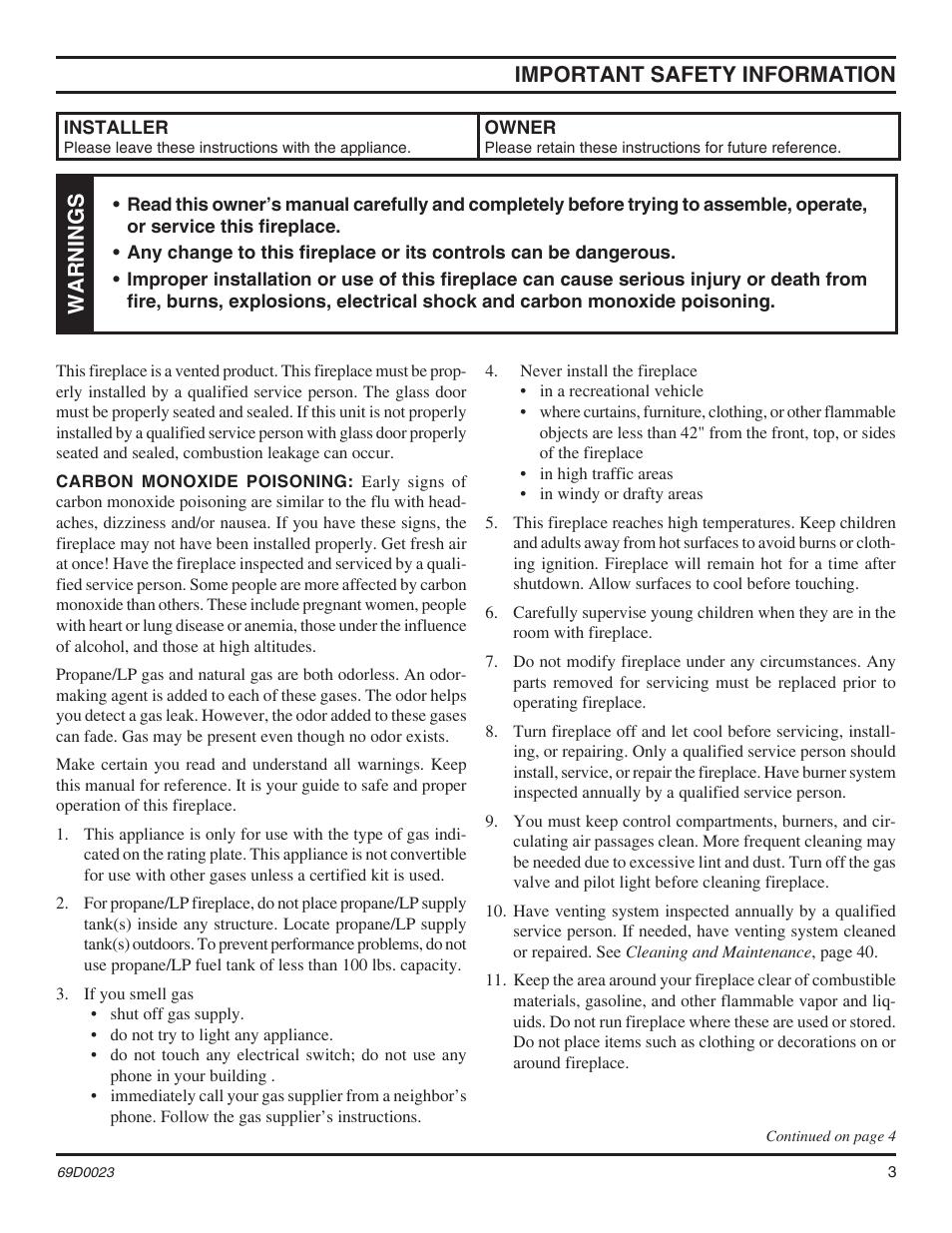 Important safety information, Warnings | Monessen Hearth Direct Vent Gas Fireplace CDVR36 User Manual | Page 3 / 52