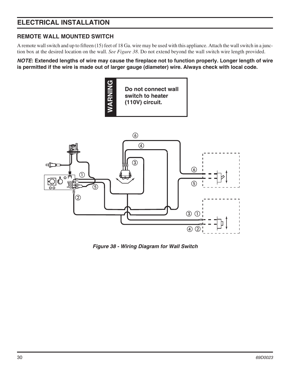 Electrical installation warning, Remote wall mounted switch | Monessen Hearth Direct Vent Gas Fireplace CDVR36 User Manual | Page 30 / 52