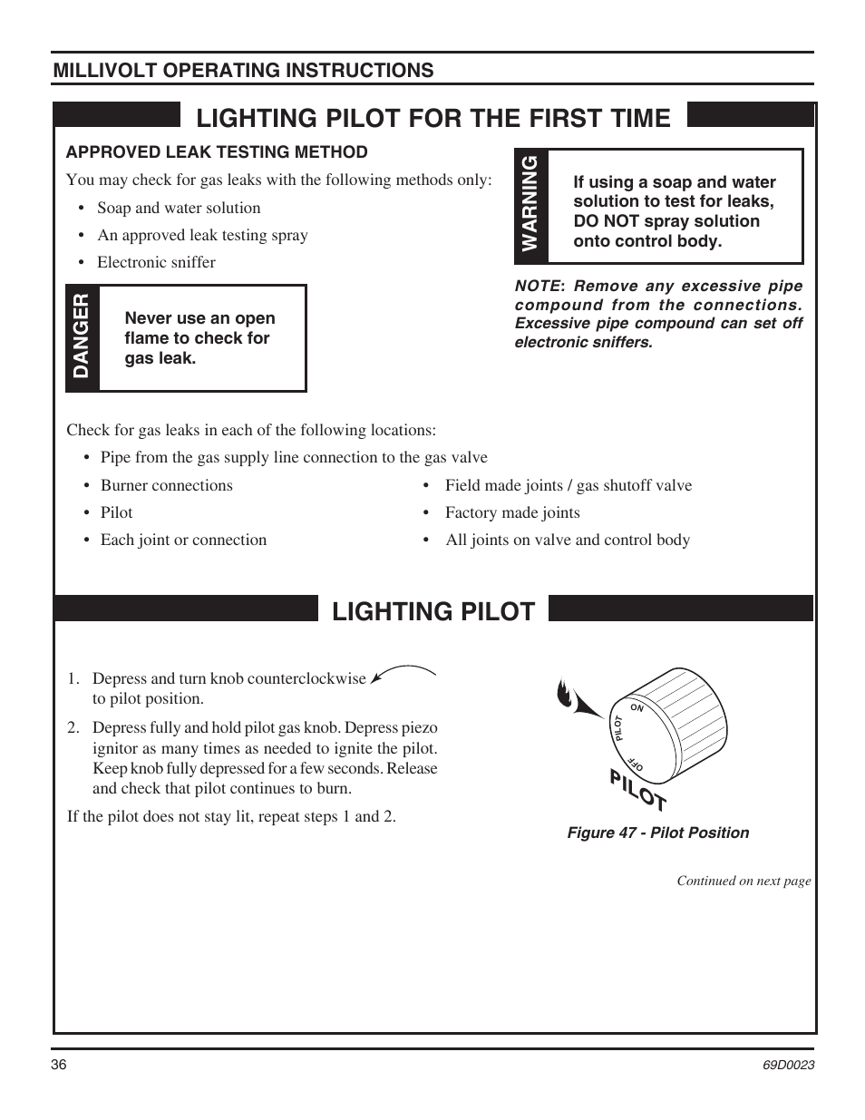 Lighting pilot, Lighting pilot for the first time, Pilo t | Millivolt operating instructions, Danger, Warning | Monessen Hearth Direct Vent Gas Fireplace CDVR36 User Manual | Page 36 / 52