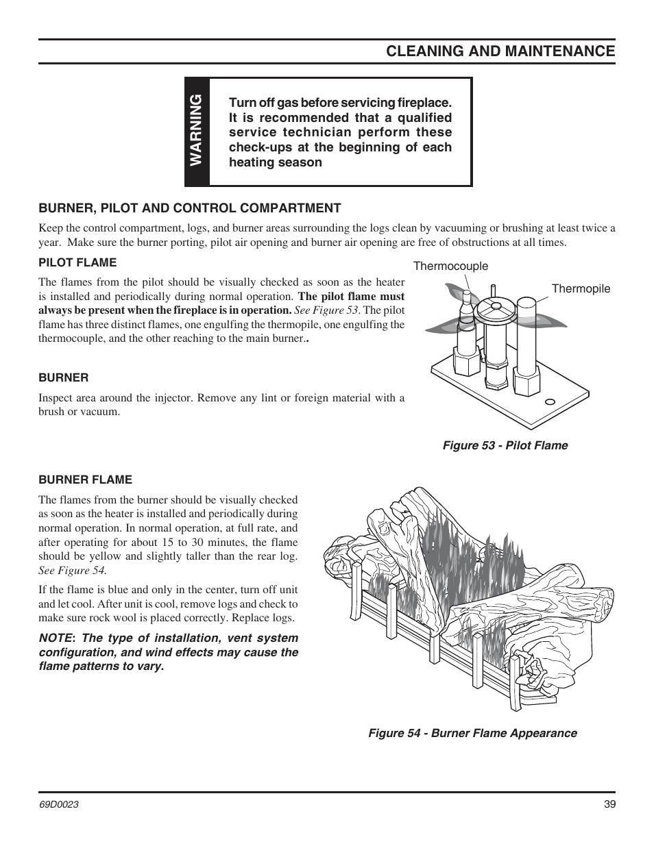 Cleaning and maintenance, Warning | Monessen Hearth Direct Vent Gas Fireplace CDVR36 User Manual | Page 39 / 52
