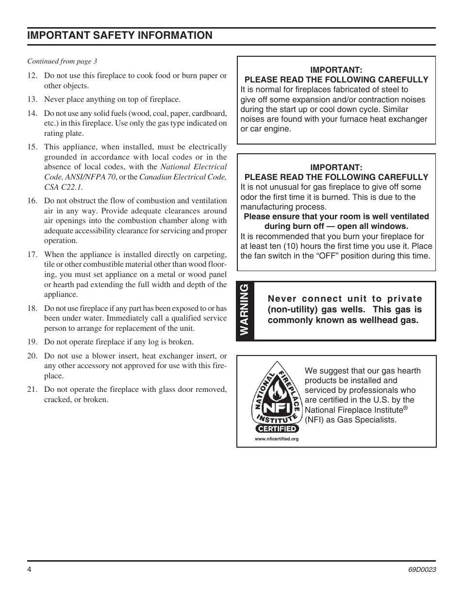 Important safety information, Warning | Monessen Hearth Direct Vent Gas Fireplace CDVR36 User Manual | Page 4 / 52