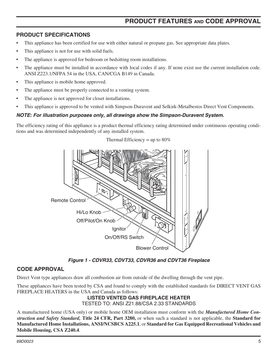 Product features, Code approval | Monessen Hearth Direct Vent Gas Fireplace CDVR36 User Manual | Page 5 / 52