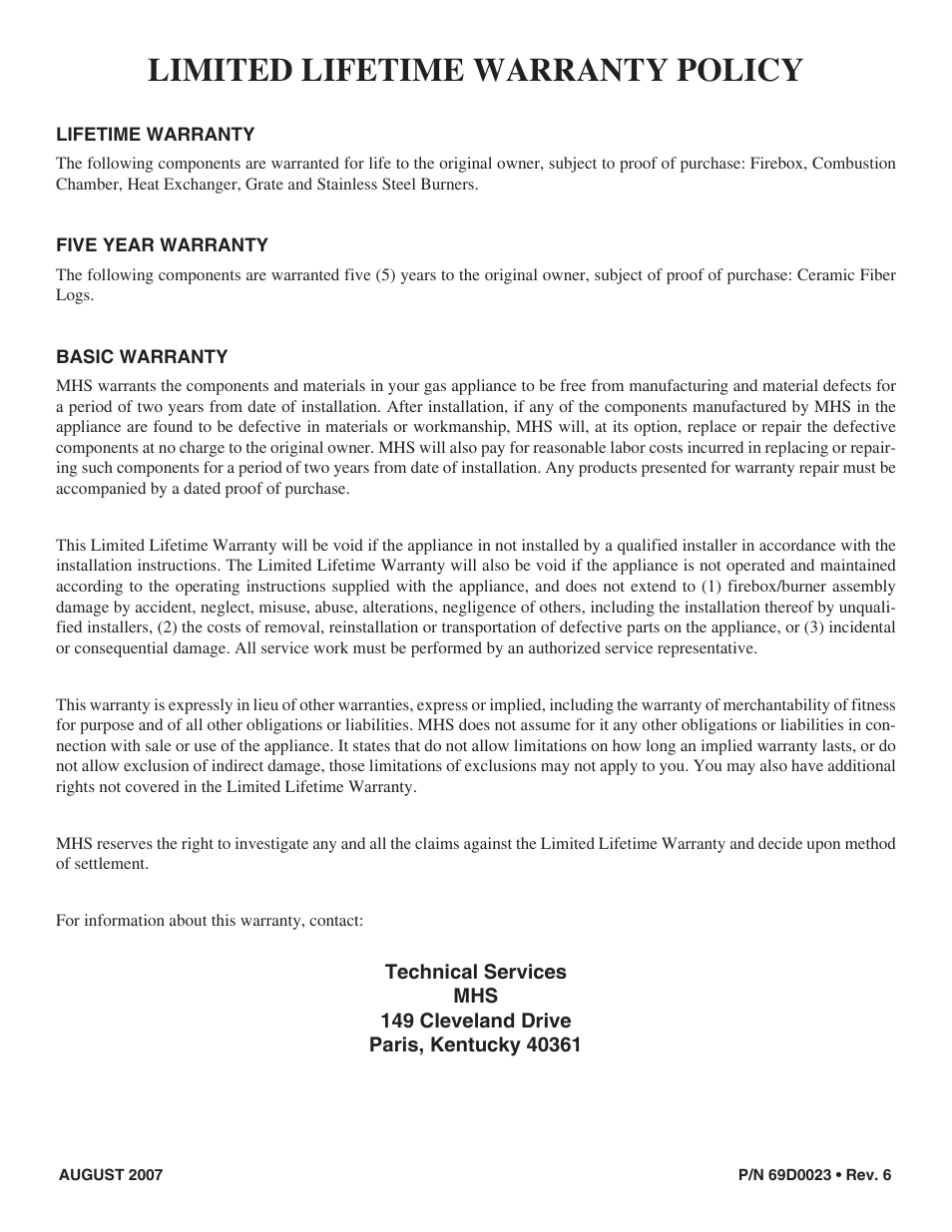 Limited lifetime warranty policy | Monessen Hearth Direct Vent Gas Fireplace CDVR36 User Manual | Page 52 / 52