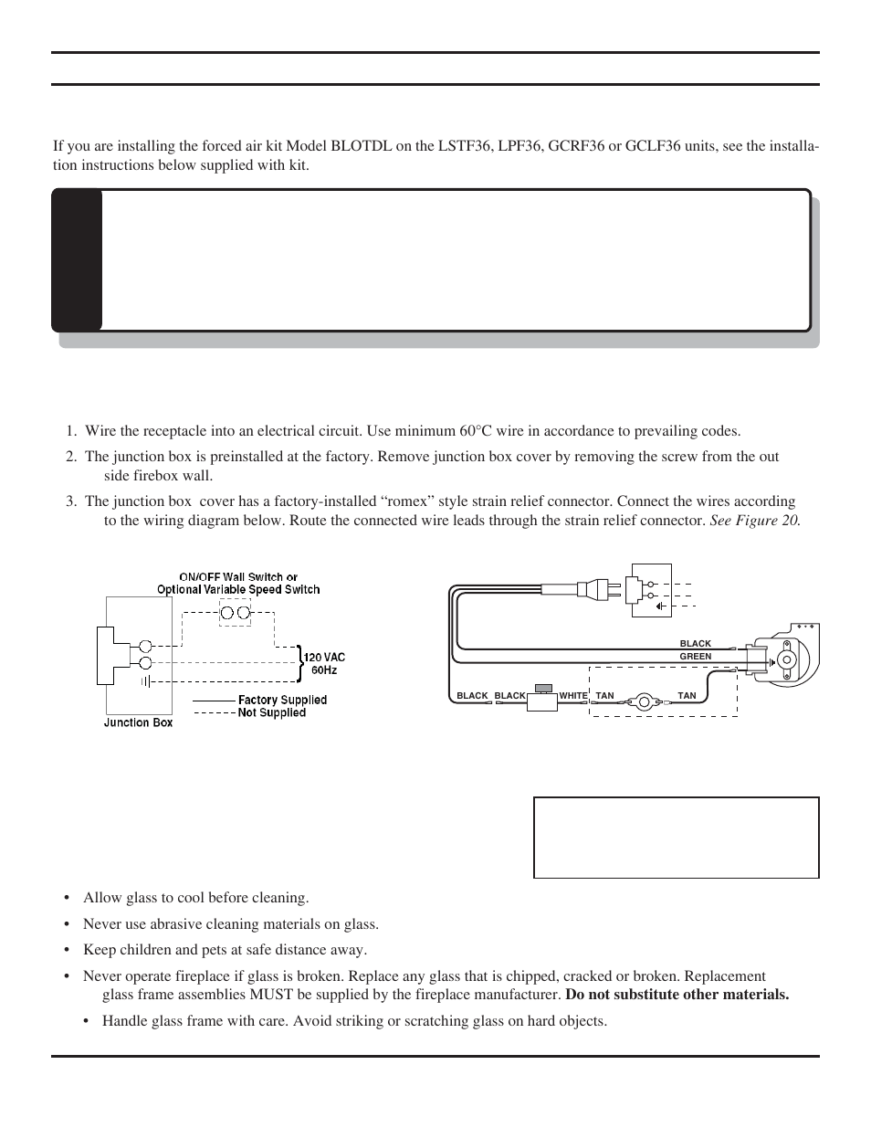 Wiring to junction box & glass cleaning caution | Monessen Hearth LO-Rider Designer Vent Free Fireboxes LRCF36 User Manual | Page 16 / 24