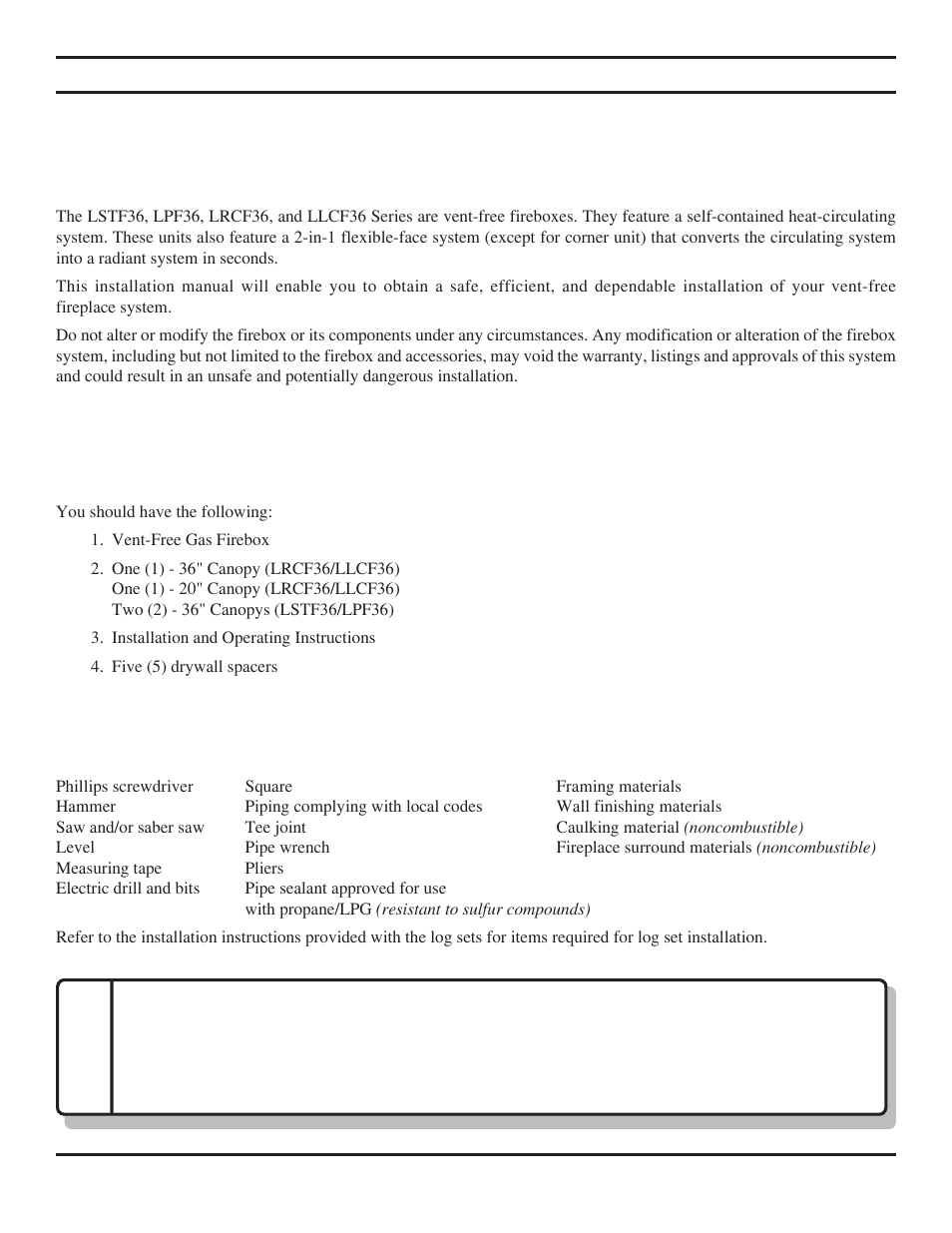 Notice, General installation information | Monessen Hearth LO-Rider Designer Vent Free Fireboxes LRCF36 User Manual | Page 4 / 24