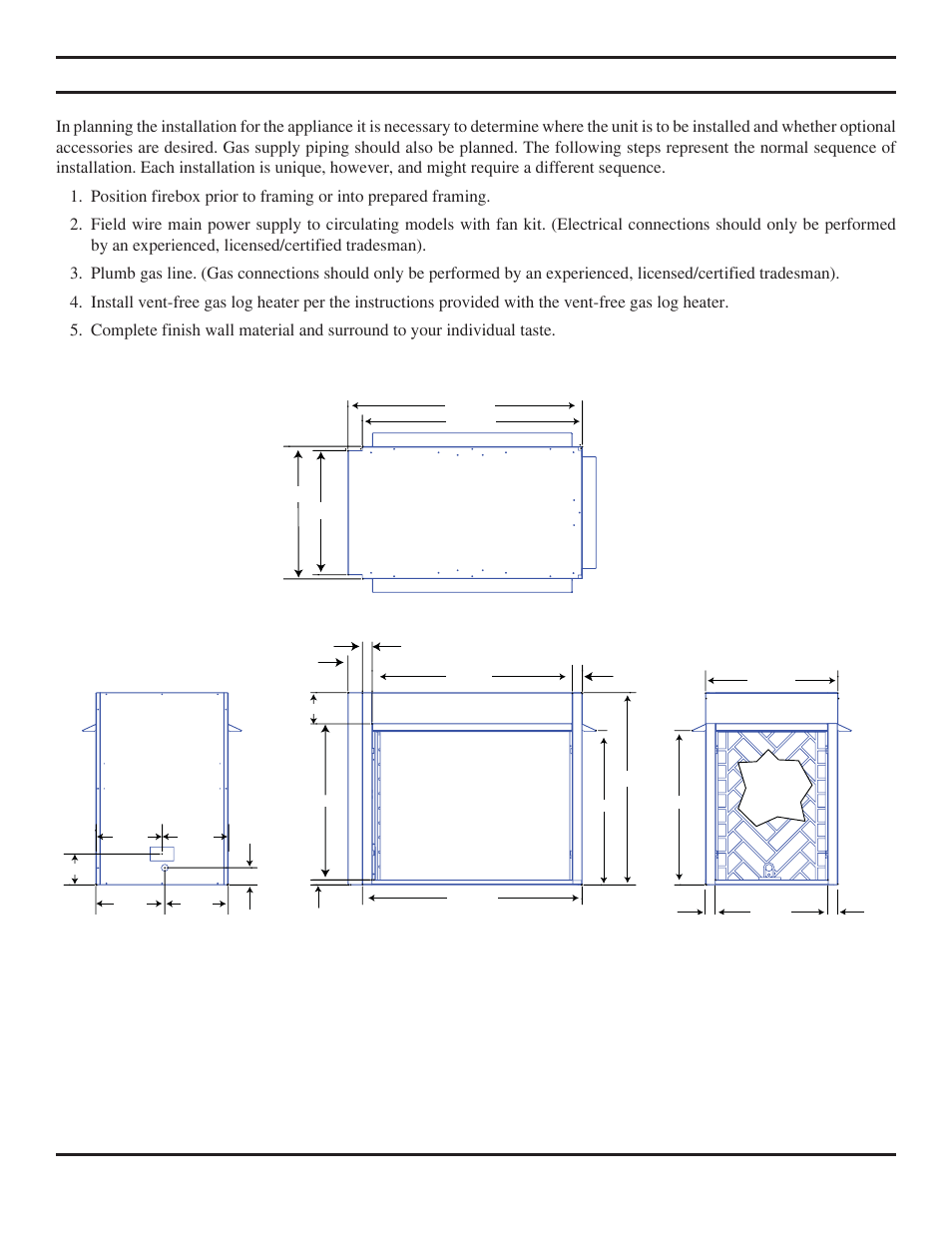 Planning the installation, Figure 1 - firebox dimensions, Top front rear open side | Monessen Hearth LO-Rider Designer Vent Free Fireboxes LRCF36 User Manual | Page 5 / 24
