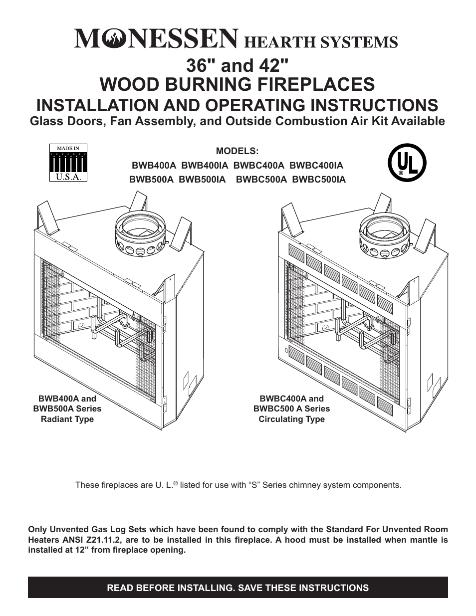 Monessen Hearth 36" and 42" Wood Burning Fireplaces BWB400A User Manual | 44 pages