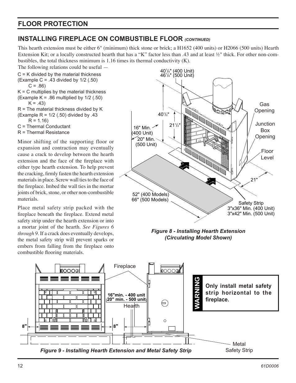 Installing fireplace on combustible floor, Floor protection, Warning | Monessen Hearth 36" and 42" Wood Burning Fireplaces BWB400A User Manual | Page 12 / 44