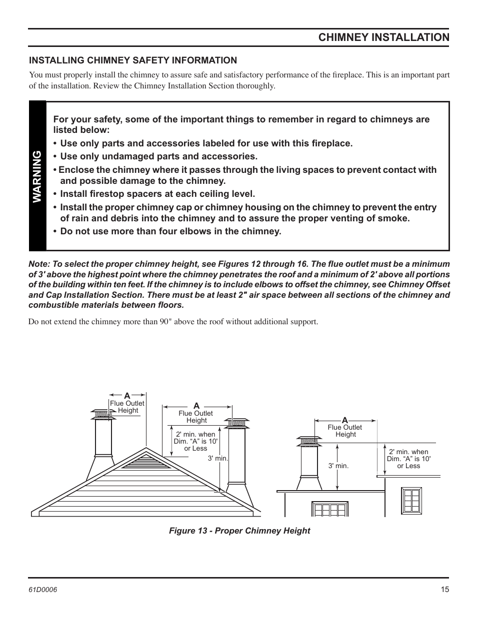 Chimney installation, Warning | Monessen Hearth 36" and 42" Wood Burning Fireplaces BWB400A User Manual | Page 15 / 44