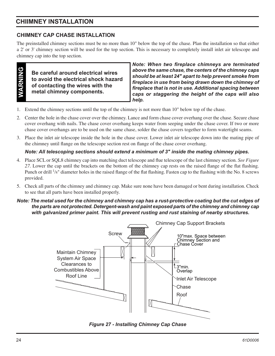 Chiimney installation, Warning | Monessen Hearth 36" and 42" Wood Burning Fireplaces BWB400A User Manual | Page 24 / 44