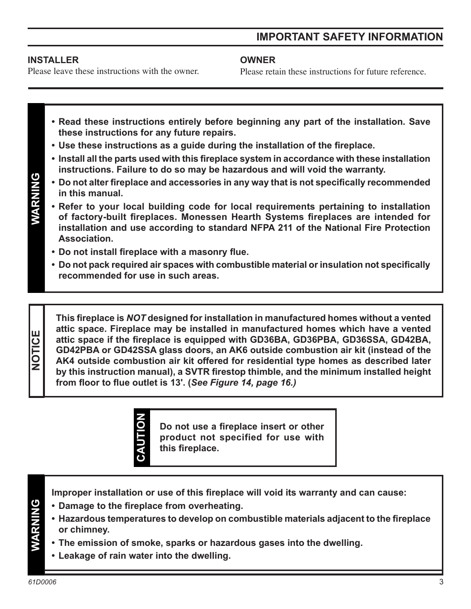 Monessen Hearth 36" and 42" Wood Burning Fireplaces BWB400A User Manual | Page 3 / 44