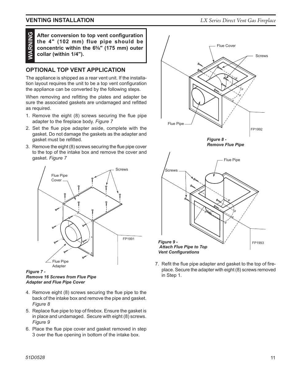 Warning, Fp1992 remove flue pipe, Fp1993 attach flue pipe | Monessen Hearth LEXINGTON LX32DV User Manual | Page 11 / 48