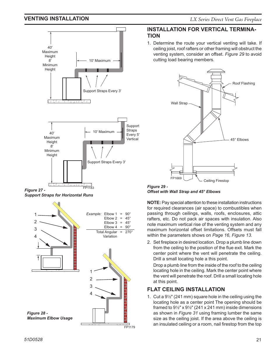 Installation for vertical termina- tion, Fp1969 offset w/ wallstrap, Flat ceiling installation | Monessen Hearth LEXINGTON LX32DV User Manual | Page 21 / 48