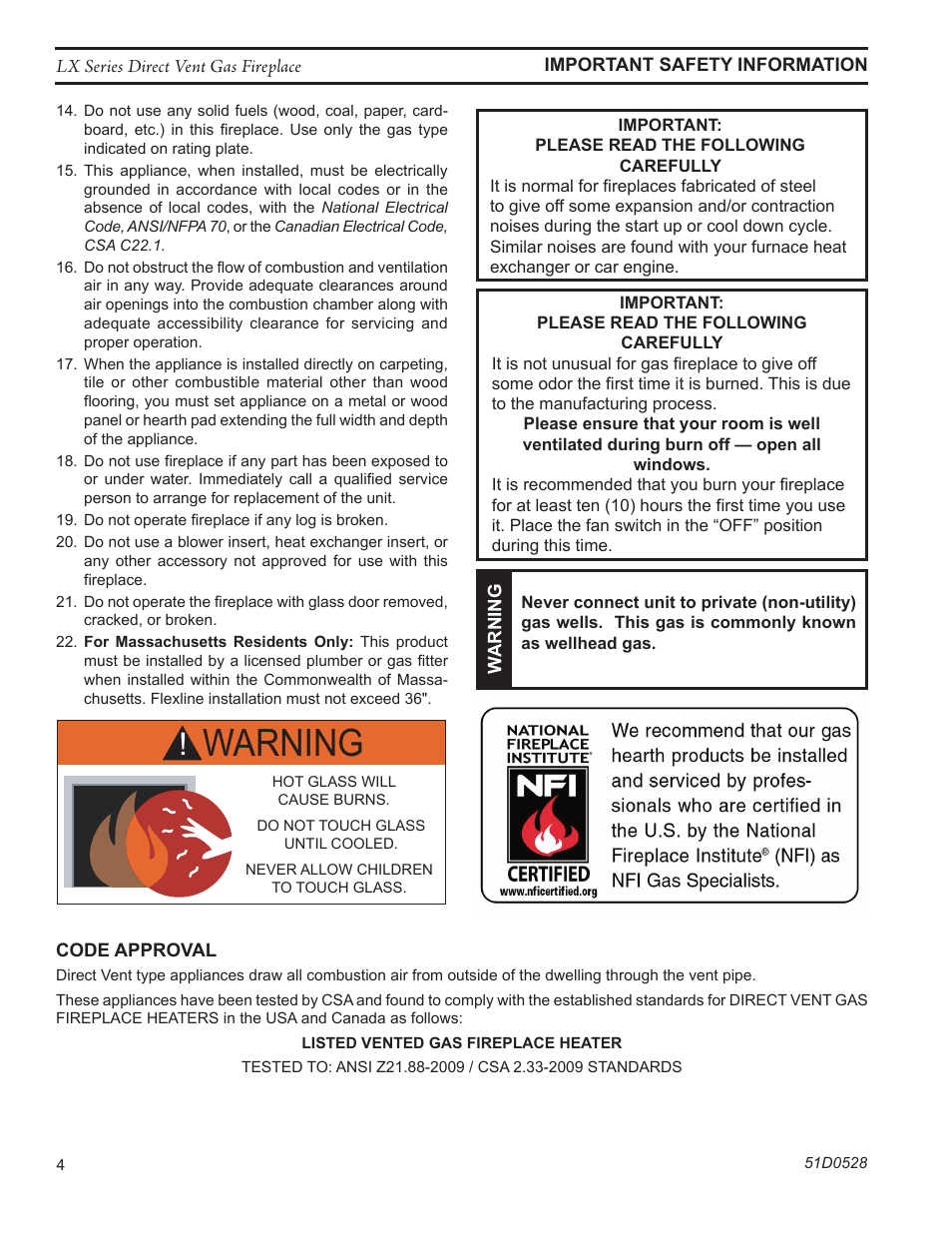 Warning | Monessen Hearth LEXINGTON LX32DV User Manual | Page 4 / 48