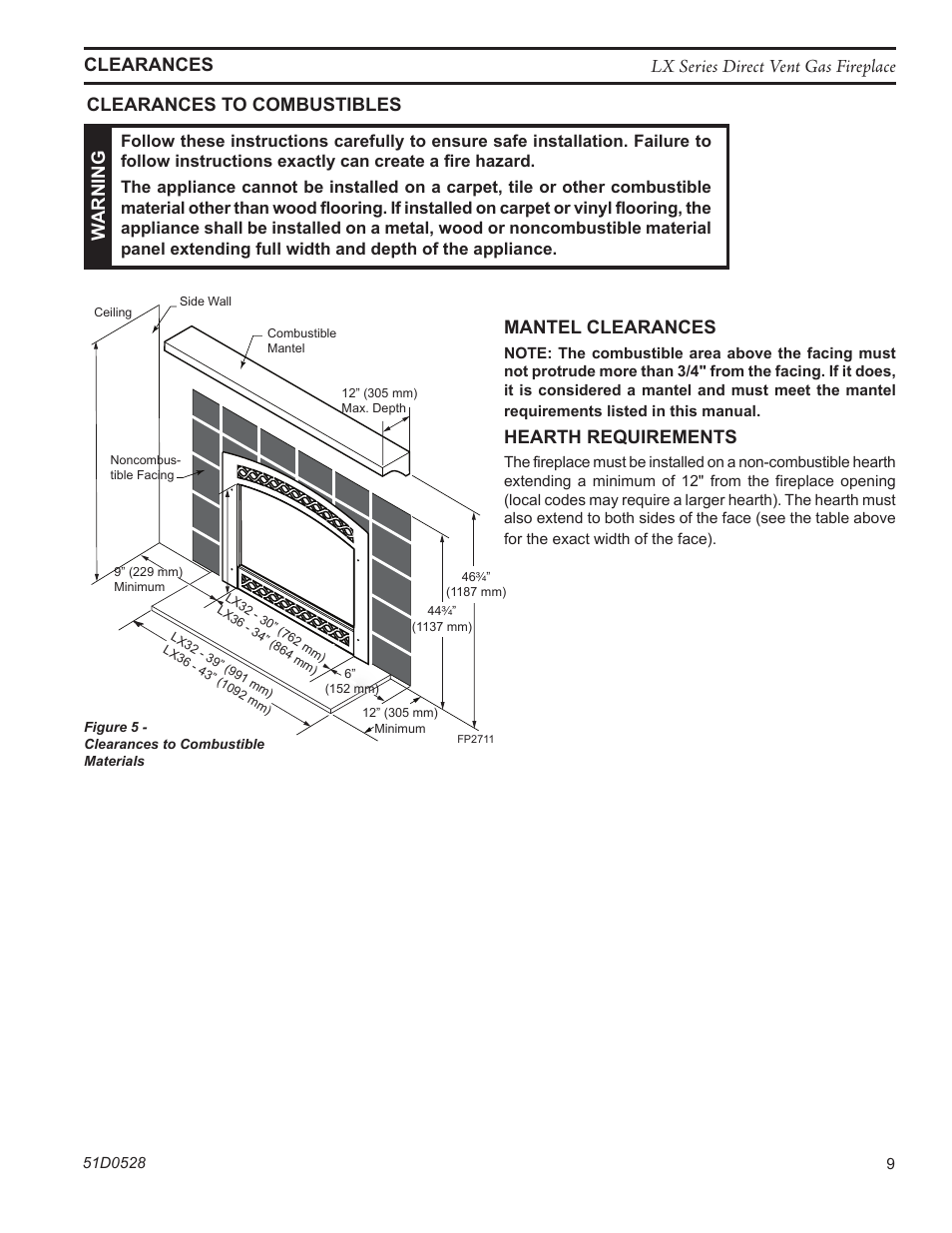 Warning, Mantel clearances, Hearth requirements | Monessen Hearth LEXINGTON LX32DV User Manual | Page 9 / 48