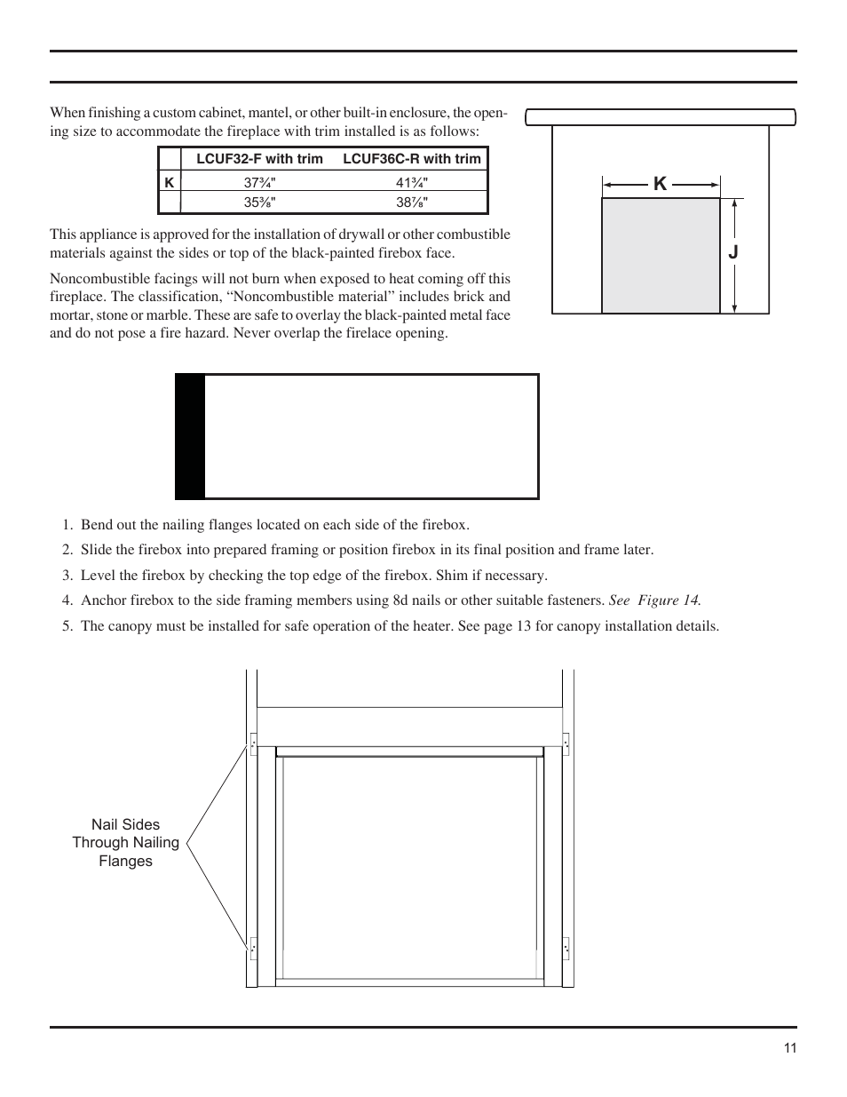 Kj firebox framing, Warning | Monessen Hearth Lo-Rider Vent Free Firebox LCUF32-R User Manual | Page 11 / 18