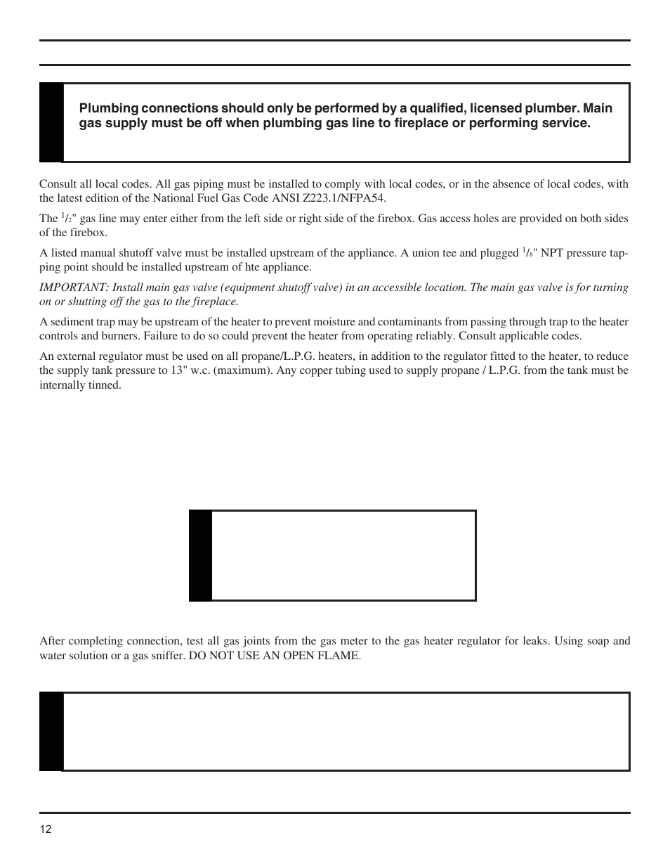 Gas line installation, Warning | Monessen Hearth Lo-Rider Vent Free Firebox LCUF32-R User Manual | Page 12 / 18