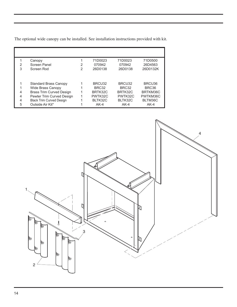 Optional equipment, Illustrated parts list, Optional wide canopy | Monessen Hearth Lo-Rider Vent Free Firebox LCUF32-R User Manual | Page 14 / 18