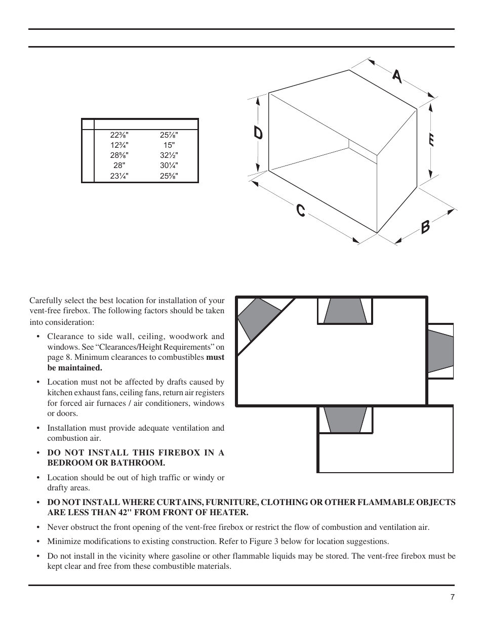 General installation information, Location of firebox | Monessen Hearth Lo-Rider Vent Free Firebox LCUF32-R User Manual | Page 7 / 18