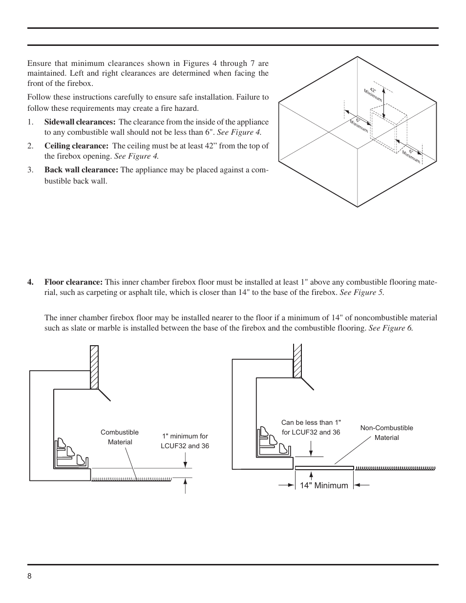 Clearances, Height requirements | Monessen Hearth Lo-Rider Vent Free Firebox LCUF32-R User Manual | Page 8 / 18
