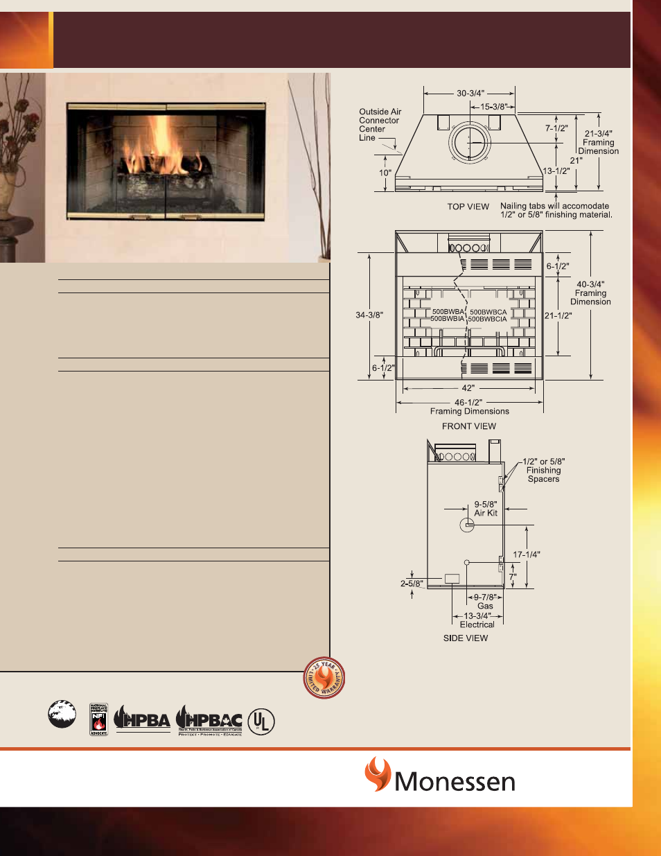 Monessen Hearth 36" and 42" Wood Burning Fireplaces BWB500A User Manual | 1 page