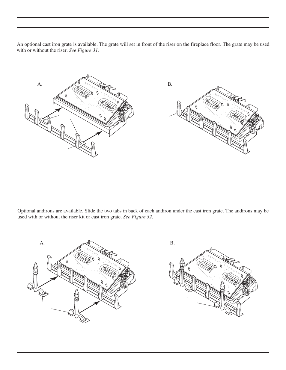 Optional cast iron grate and andiron installation | Monessen Hearth TPB24 User Manual | Page 28 / 42