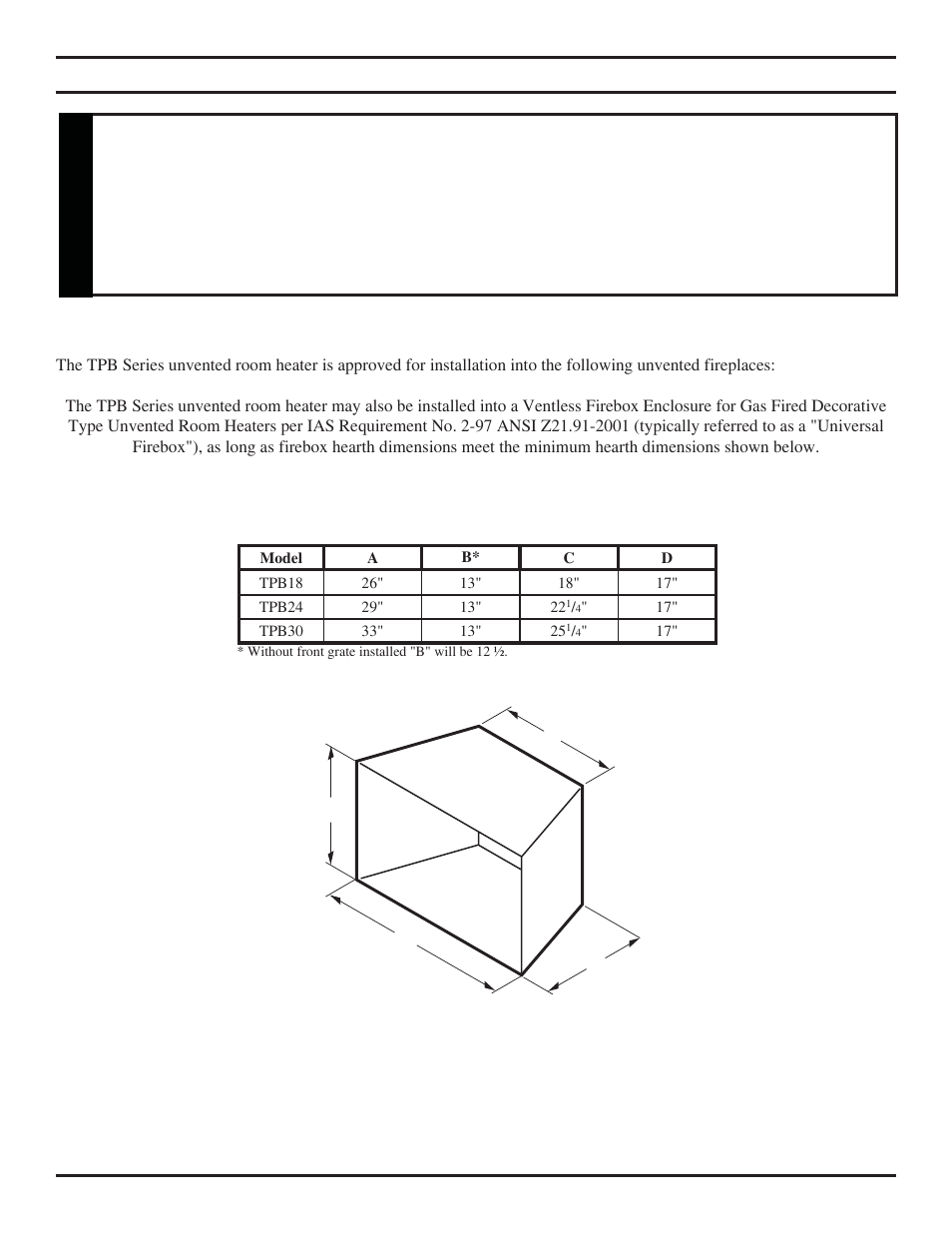 Ac d b, Fireplace and hearth dimensions, Warning | Monessen Hearth TPB24 User Manual | Page 9 / 42