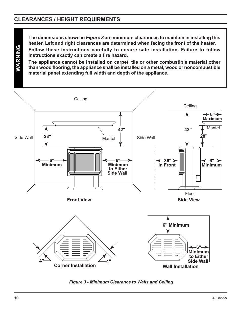 Clearances / height requirments, Warning | Monessen Hearth DSSNVMB User Manual | Page 10 / 28