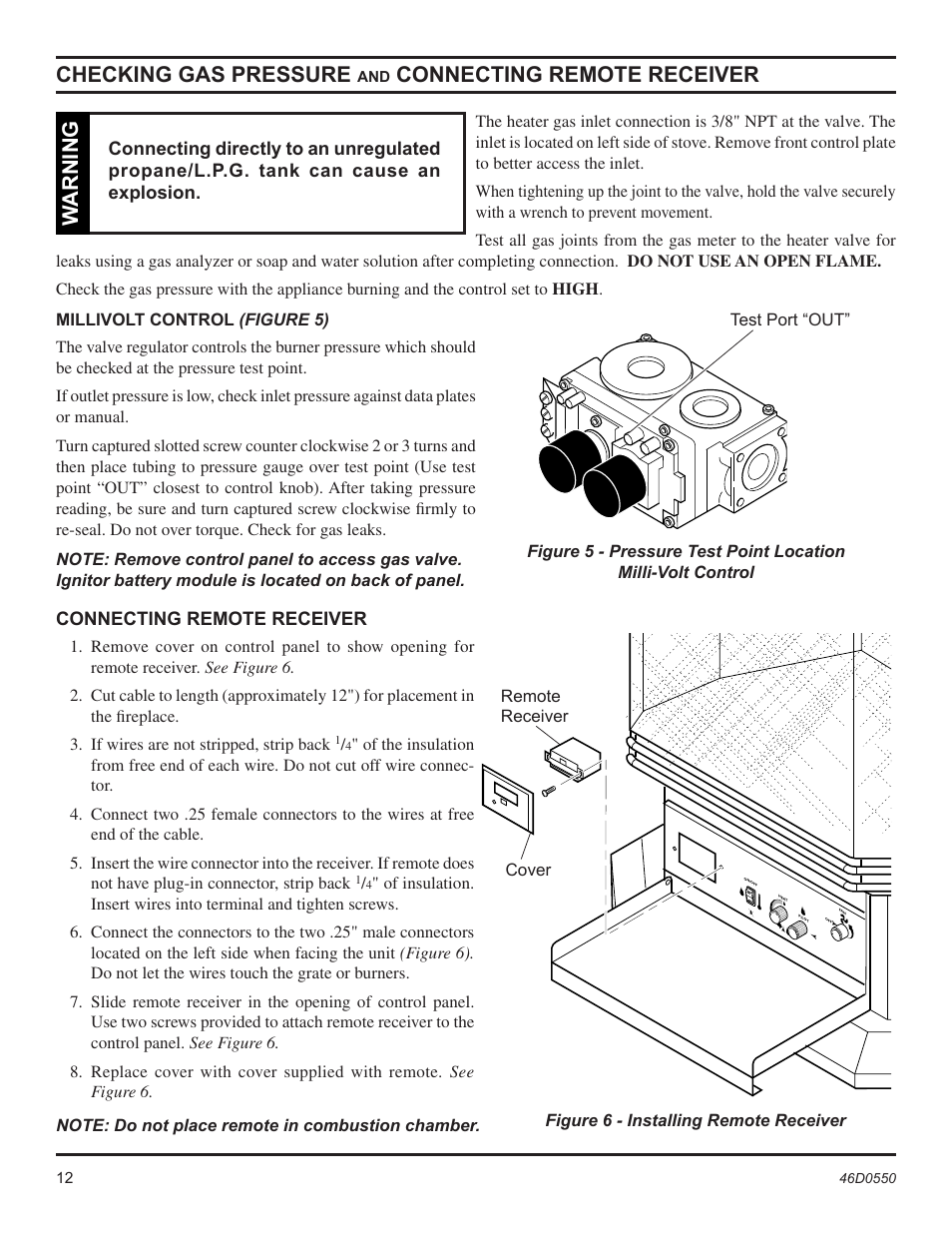 Checking gas pressure, Connecting remote receiver, Warning | Monessen Hearth DSSNVMB User Manual | Page 12 / 28