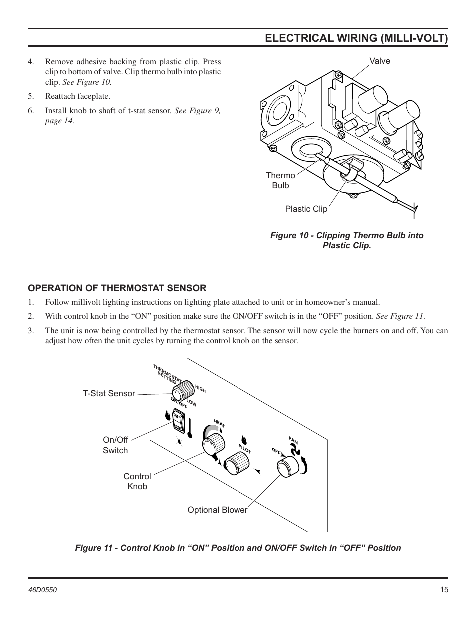 Electrical wiring (milli-volt), Operation of thermostat sensor, T-stat sensor optional blower | Monessen Hearth DSSNVMB User Manual | Page 15 / 28