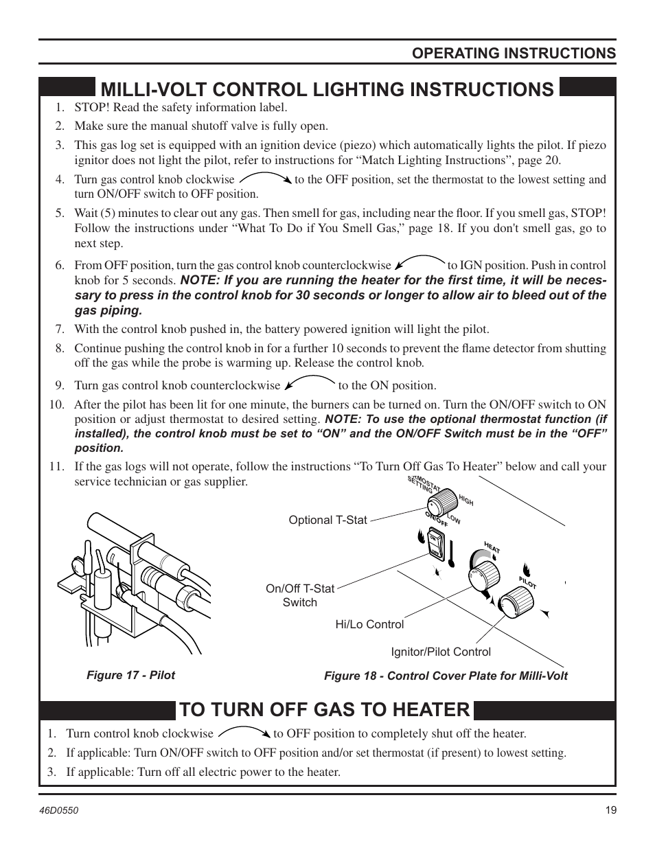 Milli-volt control lighting instructions, Operating instructions | Monessen Hearth DSSNVMB User Manual | Page 19 / 28