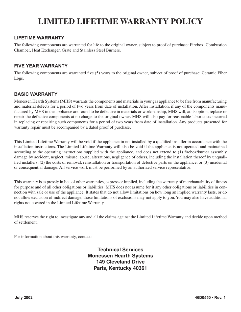 Limited lifetime warranty policy | Monessen Hearth DSSNVMB User Manual | Page 28 / 28