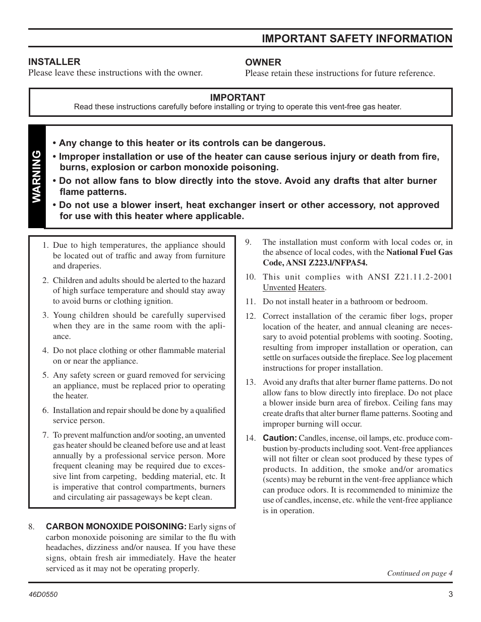 Important safety information, Warning | Monessen Hearth DSSNVMB User Manual | Page 3 / 28