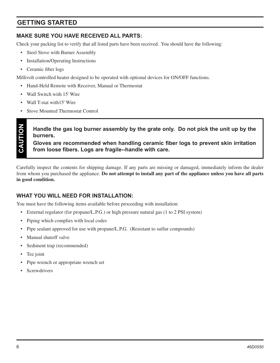 Getting started, Caution | Monessen Hearth DSSNVMB User Manual | Page 6 / 28