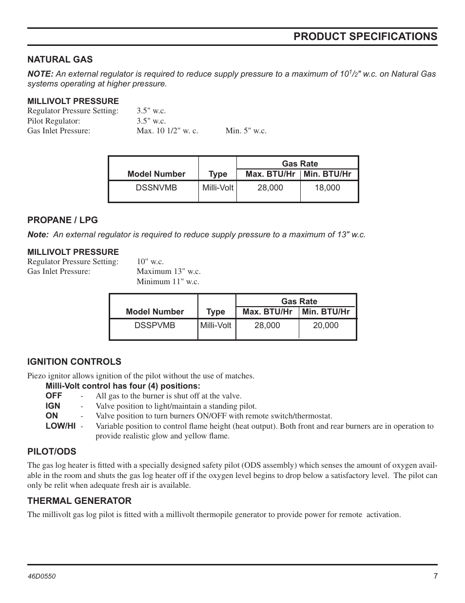 Product specifications | Monessen Hearth DSSNVMB User Manual | Page 7 / 28