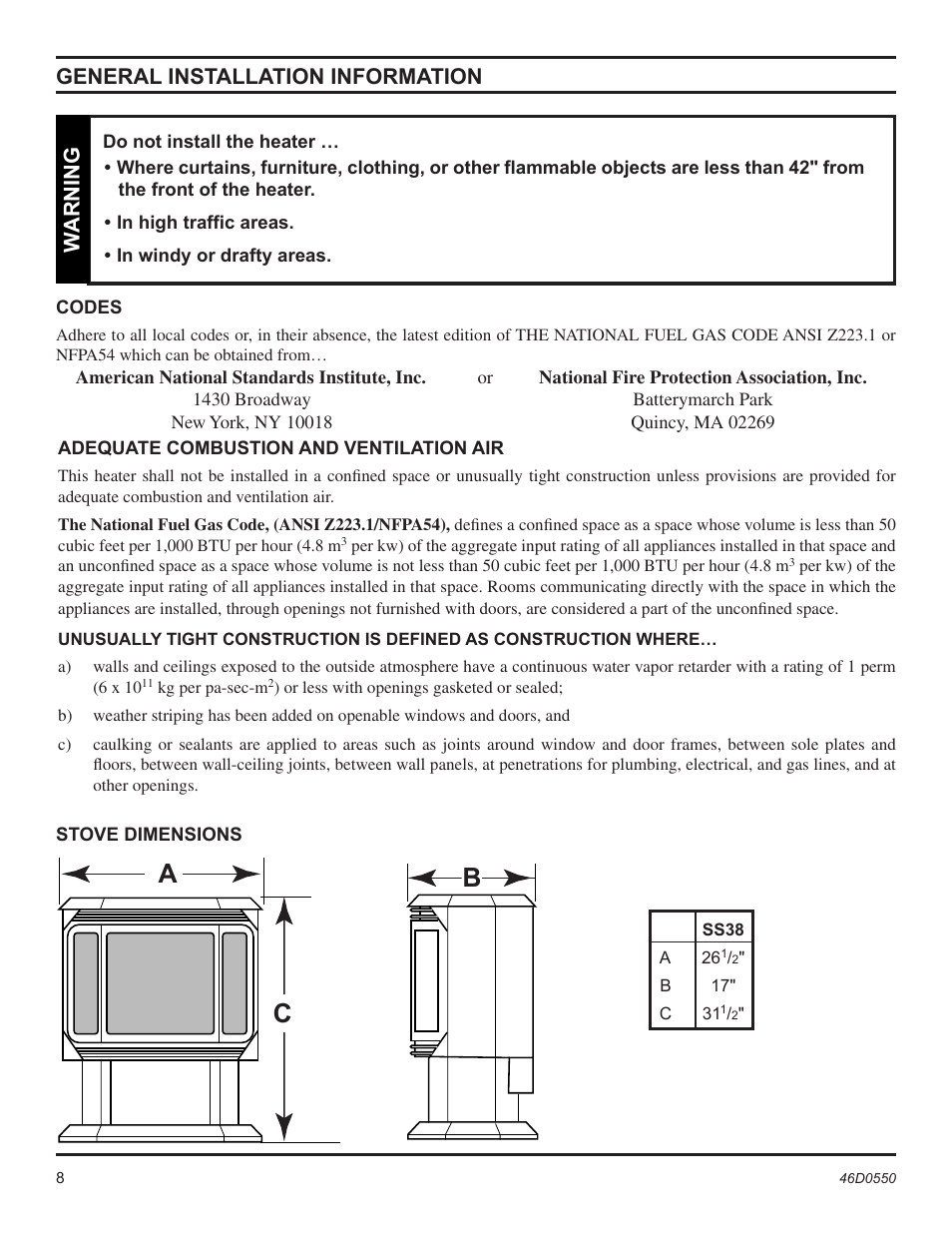 General installation information, Warning | Monessen Hearth DSSNVMB User Manual | Page 8 / 28