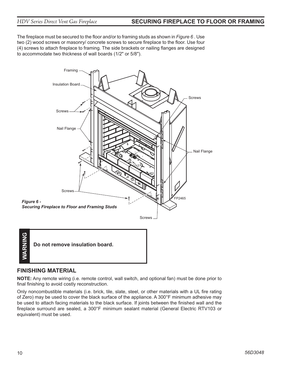 Hdv series direct vent gas fireplace, Finishing material, Warning | Monessen Hearth HDV500NV/PV User Manual | Page 10 / 64